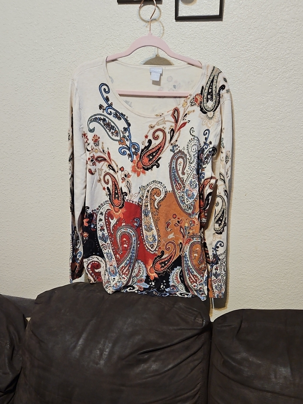 Chico's Cream Scoop Neck Sweater with Blue and Rust Paisley